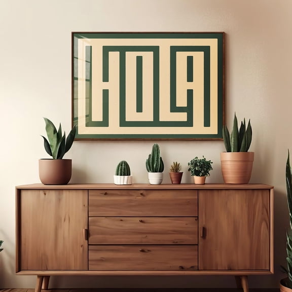 Retro Hola Print Geometric Teal Lettering Modern Welcome Wall Art
