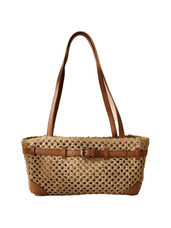 Retro Hollow Out Straw Woven Shoulder Bag Women Square Handbag With Belt Buckle Decor Causal Daily Beach Armpit Purse
