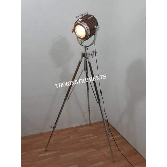 Retro Hollywood Wooden Searchlight Floor Lamp Tripod Lighting Spotlight Home Decor Lamp