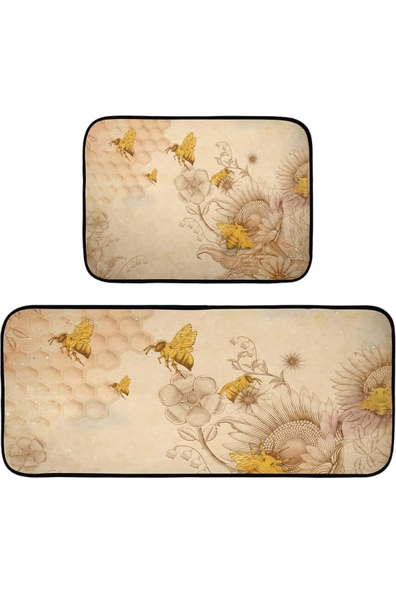 Retro Honey Bees Wildflowers Kitchen Mat Set of 2 Anti-Fatigue Kitchen Rug Set Non Slip Foam Cushioned Kitchen Runner Rugs and Mats Comfort Standing Mat for Farmhouse Doormat Laundry