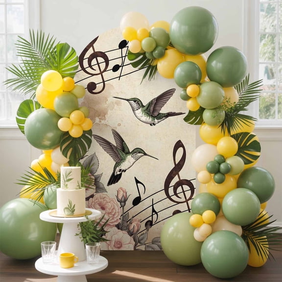 Retro Honey Birds Arch Backdrop Cover, 6FT, Pink Roses Music Musical Not Animals Spandex Arch Covers Double-Sided Backdrop for Wedding Birthday Party Photo Background Decoration