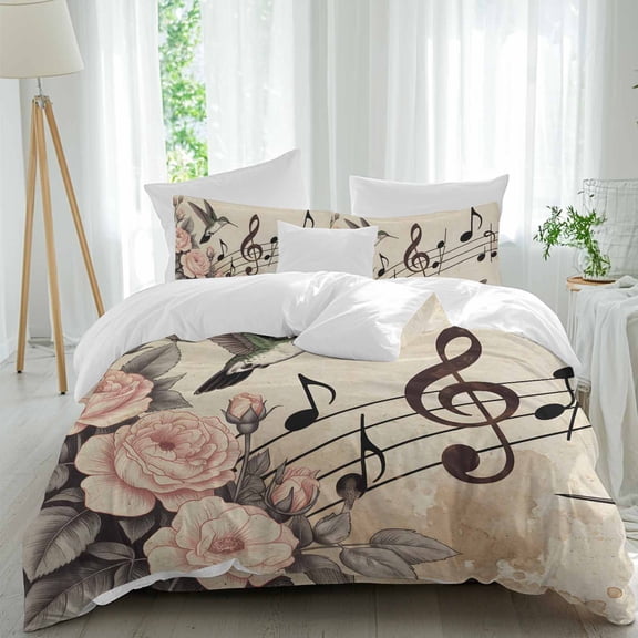 Retro Honey Birds Queen Size Comforter Set, Pink Roses Music Musical Not Animals Bedding for All Seasons, 4 Pcs Bed Set, 1Quiltcover (90"x92") ,1Sheet(94"x116"), 2Pillowcases (30"x20")