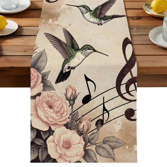 Retro Honey Birds Table Runner, Pink Roses Music Musical Not Animals Cotton Linen Table Cloth, Tablerunner for Kitchen Dining Party Wedding Home Decor 13x70 Inch