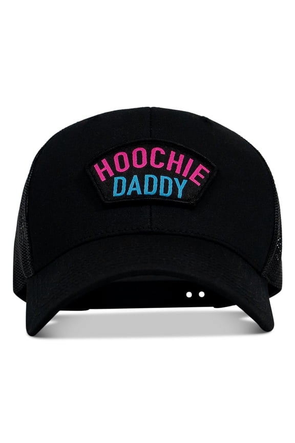Retro Hoochie Daddy Patch Snapback Hat – Black/Black Mid-Profile Trucker Cap with Mesh Back