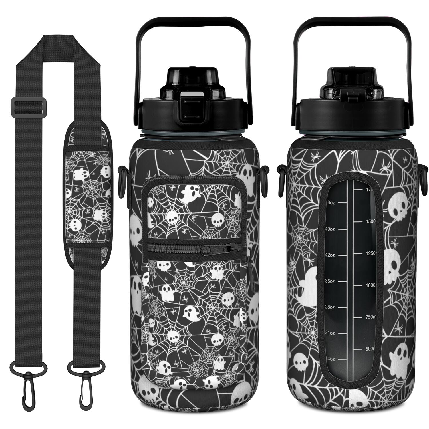 Retro Horror 64oz Water Bottle with Adjustable Sleeve - Scary Skull & Spider Design Fitness Bottle with Straw for Gym & Camping
