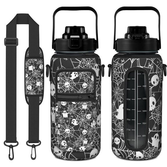 Retro Horror 64oz Water Bottle with Adjustable Sleeve - Scary Skull & Spider Design Fitness Bottle with Straw for Gym & Camping