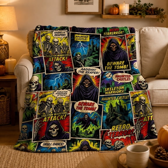 Retro Horror Comic Fleece Blanket, Skeleton Grim Reaper Haunted Castle Throw, 280gsm Polyester Fleece, Halloween Gothic Sofa Bed Blanket