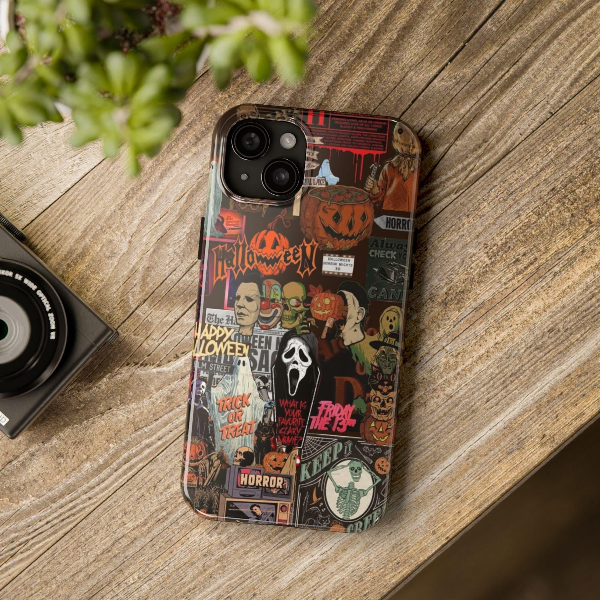 Retro Horror Movie Collage Pumpkin Mask Case for iPhone 17 to 11 Pro ...
