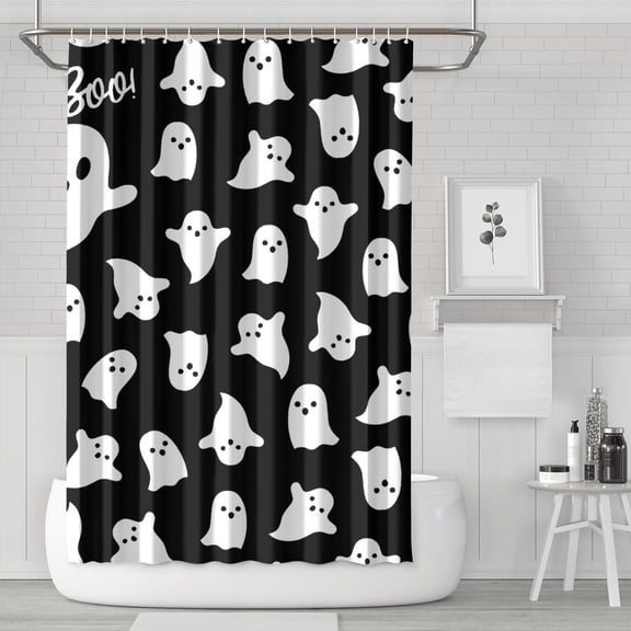 Retro Horror Themed Artwork Shower Curtain Cute Ghost Pumpkin Illustration Waterproof,72x72in Shower Curtain
