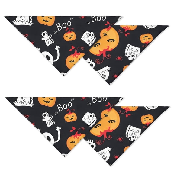 Retro Horror Themed Dog Bandana Set of 2, Gothic Spooky Artwork Adjustable Pet Scarf with Pumpkin Skull Design