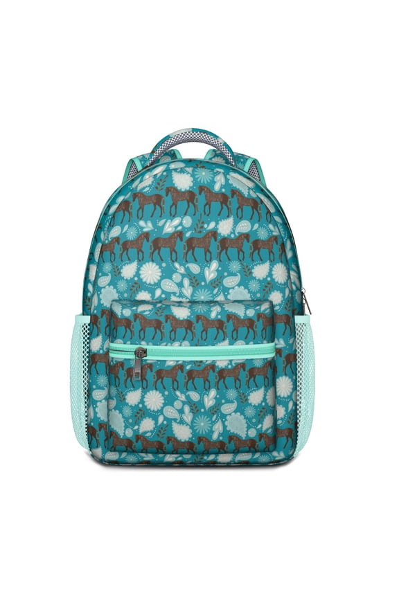 Retro Horse Print School Backpack – Wild Pony and Foal Pattern Schoolbag with Rainbow, Flowers, and Rural Design