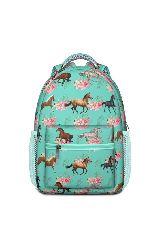 Retro Horse Print School Backpack – Wild Pony and Foal Pattern Schoolbag with Rainbow, Flowers, and Rural Design