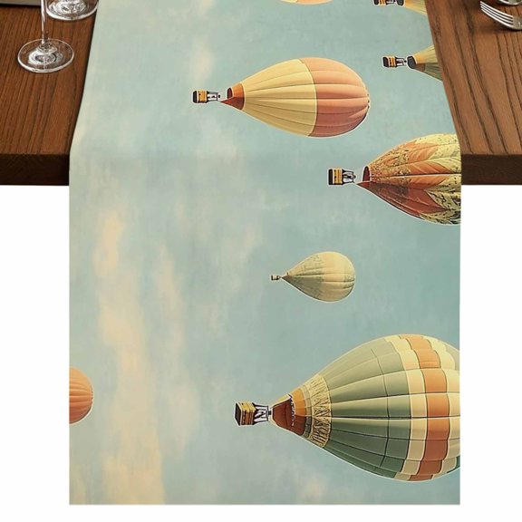 Retro Hot Air Balloon 48 Inch Table Runner, Modern Flying Balloon Farmhouse Dresser Scarf Cotton & Linen Tablerunner for Dining/Kitchen Island/Holiday Party Décor 13" x 48"