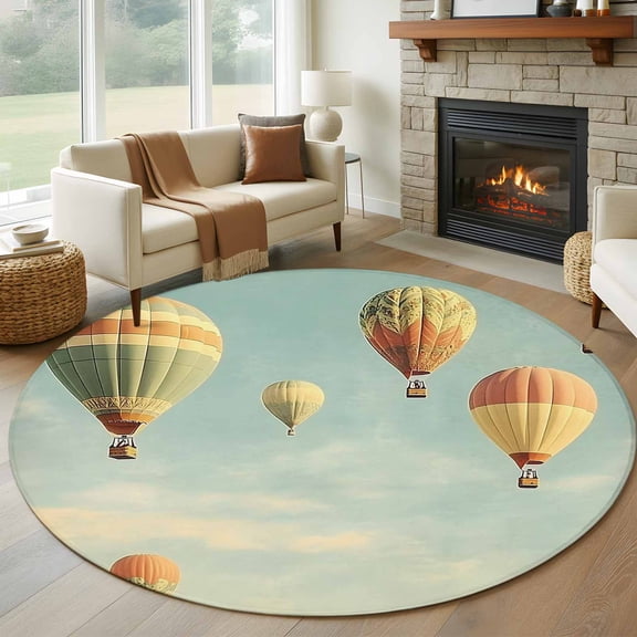 Retro Hot Air Balloon Round Area Rug 7 FT, Non Slip Living Room Area Carpet, Modern Flying Balloon Washable Soft Circular Rug Non-Shedding Floor Carpet for Bedside Office Play Room Classroom