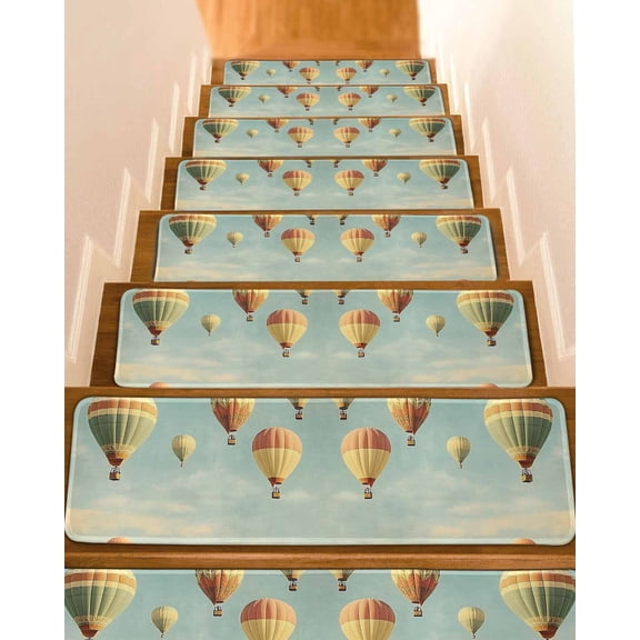 Retro Hot Air Balloon Stair Treads for Wooden Steps Indoor Runner Rug Carpet, Modern Flying Balloon 7 Pieces Peel and Stick Staircase Step Treads Covers Washable Throw Door Mats, 30"x8"