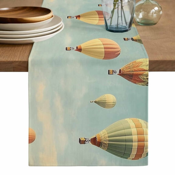 Retro Hot Air Balloon Table Runner, Modern Flying Balloon Washable Cotton Linen Table Runners 48 Inches Long, Dresser Scarf Runner for Nightstand/Coffee/End Tables 13''x48''