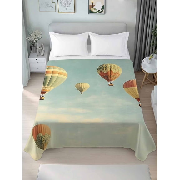 Retro Hot Air Balloon Twim Size Flat Sheet, Wrinkleproof & Fadeproof Cooling Flat Bed Sheet Only, Modern Flying Balloon Breathable Soft Bedding Top Sheets 66 x 96 Inches