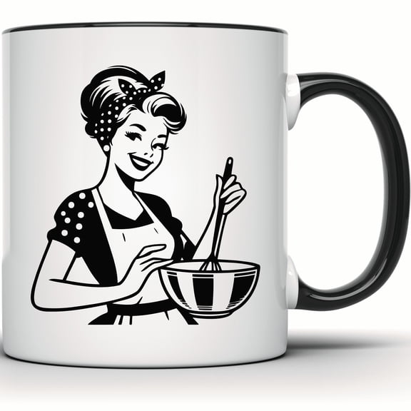 Retro Housewife Mug - 50s Vintage Style Baker, Pin Up Kitchen Decor, Recipe & Food Prep Mug - 11 Ounce Black Rim Handle Novelty Coffee Cup - WMUG1865-BLK