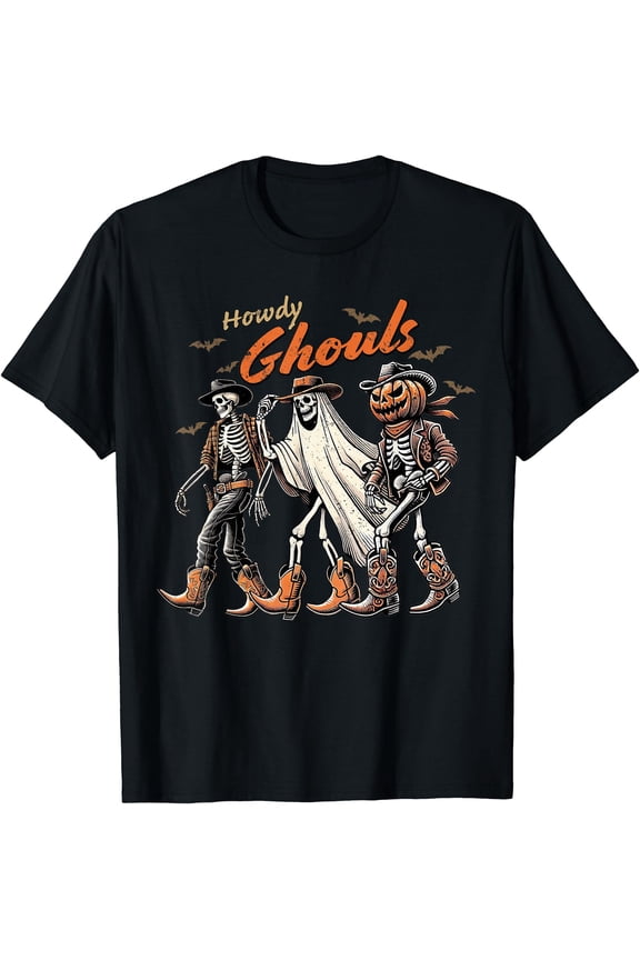 Retro Howdy Ghouls Skeleton Cowboy Western Rodeo Unisex S-5XL T-Shirt