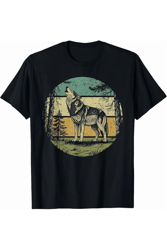 Retro Howling Wolf Forest Nature Unisex Graphic Short Sleeve T-Shirt