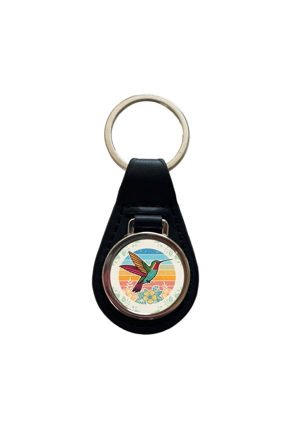 Retro Hummingbird Colorful Metal Black Leather Keychain
