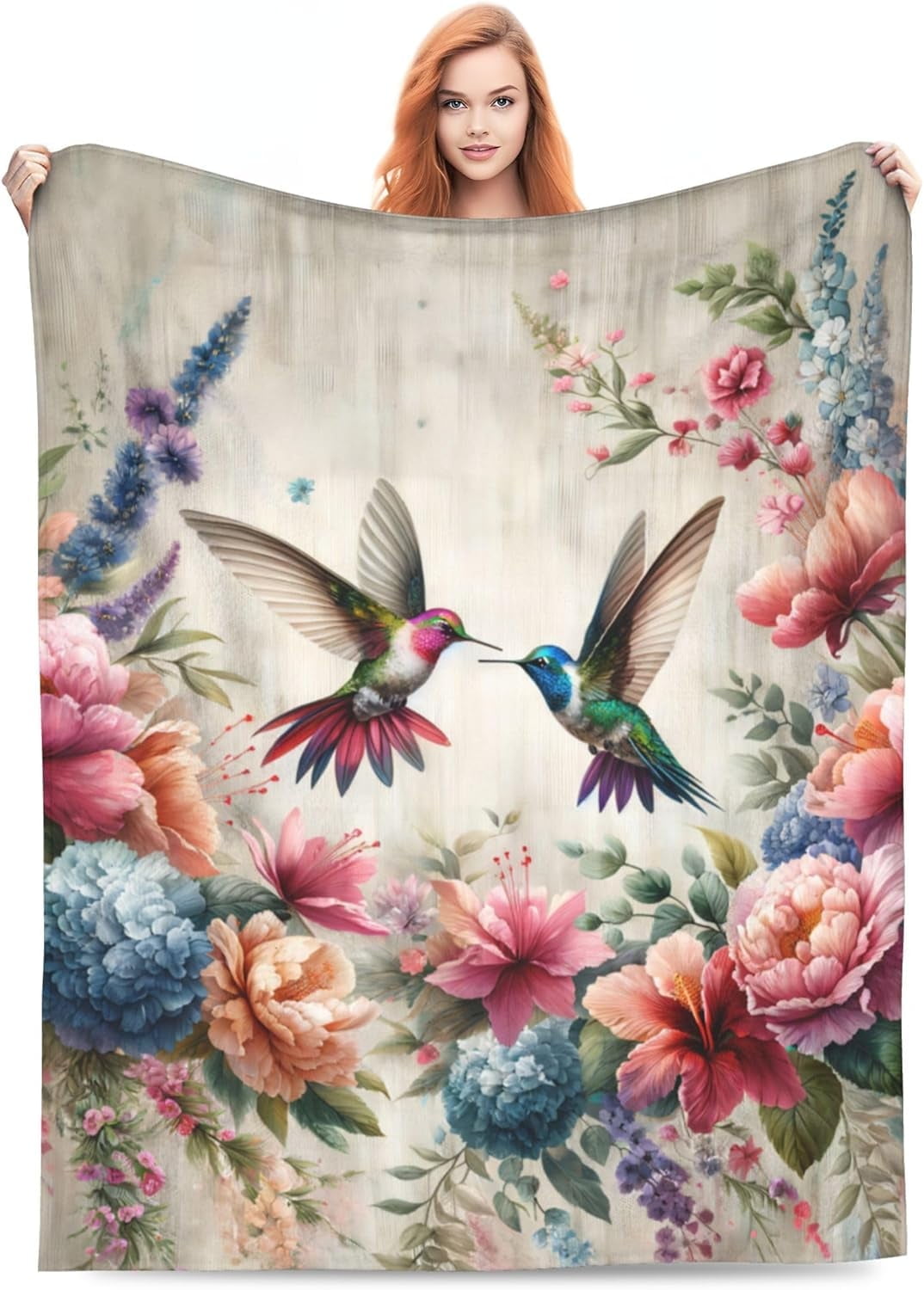 Retro Hummingbird Floral Blanket Gifts for Women Soft Warm Lightweight Cozy Spring Flower and Birds Vintage Throw Blankets for Bed Living Room Sofa Couch Valentines Day Decor 50x60in