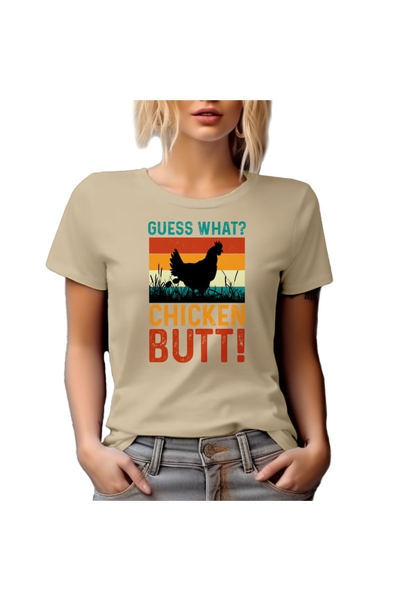 Retro Humorous Guess What, Chicken Butt, Tan T-Shirt, Medium