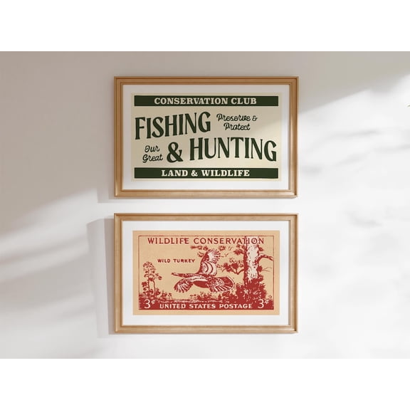 Retro Hunting Art Conservation Theme for Hunter Outdoorsy Wall Art Home Office Decor Set 2 Unframed Paper Print 8x12