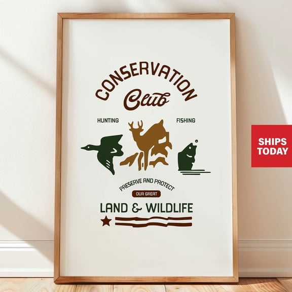 Retro Hunting Fishing Art Print Wildlife Poster Outdoorsy Gift For Dad Fishing Wall Art Hunting Wall Decor Conservation Artwork Wall Art, Modern Wall Decor, 16x24 UNFRAMED
