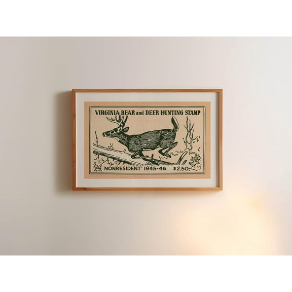 Retro Hunting Stamp Bear and Deer Outdoors Wall Art, Unframed Canvas 8x10in