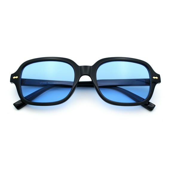 Retro Hustler Oval Rectangular Plastic Mid Horn Rim Vintage Vibe Sunglasses Black - Blue
