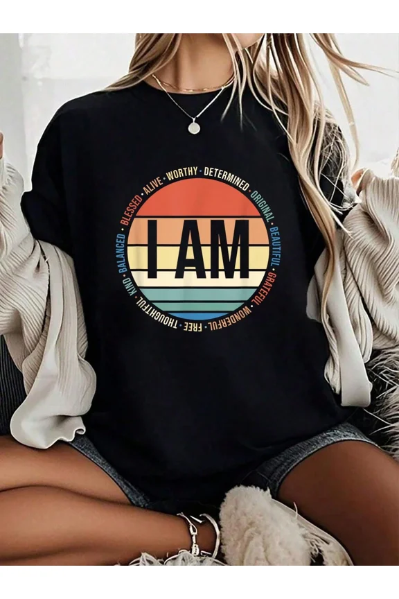 Retro I Am Affirmation T-Shirt for Women - Vintage Sunset Graphic Tee with Positive Words Blessed Grateful Worthy - Inspirational Motivational Short Sleeve Cotton Top