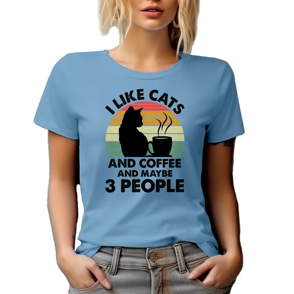 Retro I Like Cats and Coffee and Maybe 3 People, Cat Lover Introvert, Baby Blue T-Shirt, Medium