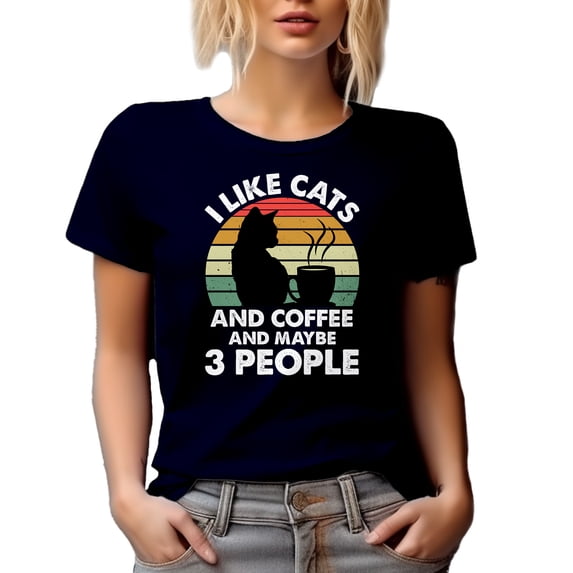 Retro I Like Cats and Coffee and Maybe 3 People - Cat Lover Introvert, Navy Blue T-Shirt, Medium