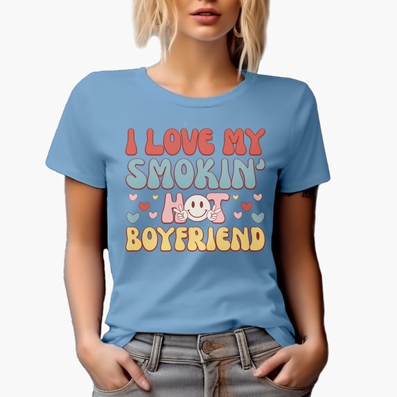 Retro I Love My Smokin' Hot Boyfriend, Groovy Text, Valentine's Day Gift, Baby Blue T-Shirt, XL