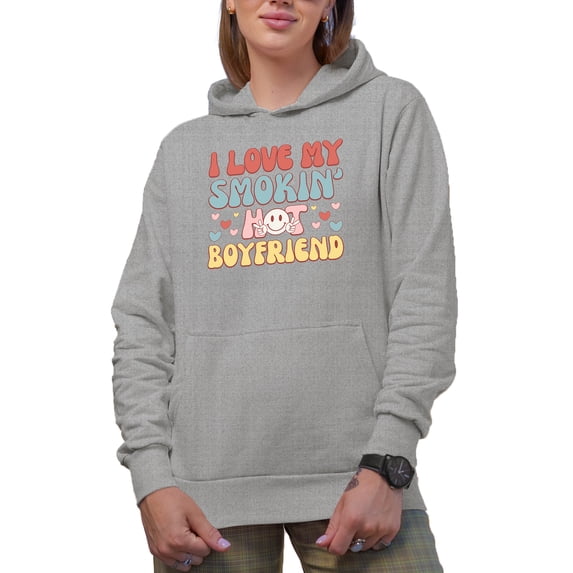 Retro I Love My Smokin' Hot Boyfriend, Groovy Text, Valentine's Day Gift, Heather Grey Hooded Sweatshirt or Hoodie, 3XL