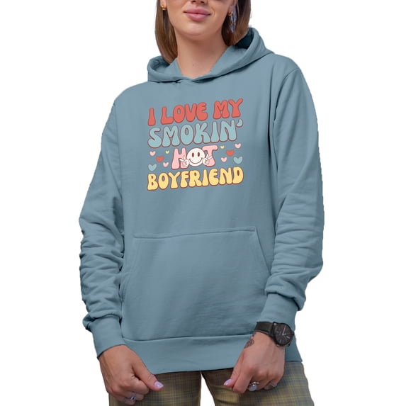 Retro I Love My Smokin' Hot Boyfriend, Groovy Text, Valentine's Day Gift, Light Blue Hooded Sweatshirt or Hoodie, Small