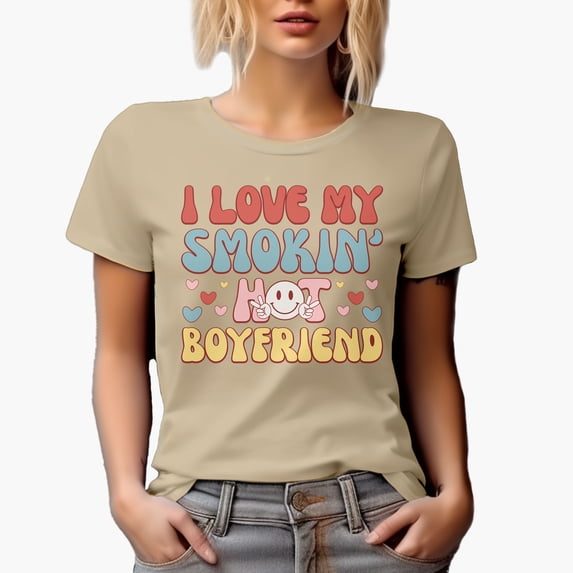 Retro I Love My Smokin' Hot Boyfriend, Groovy Text, Valentine's Day Gift, Tan T-Shirt, XL