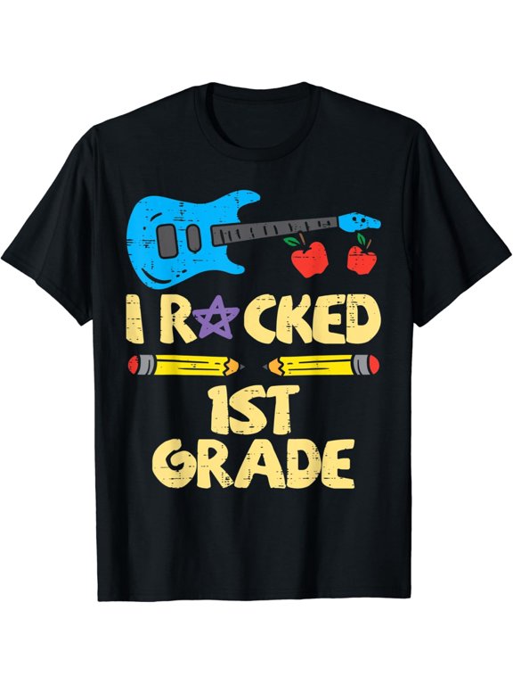 Retro I Rocked 1st Grade T-Shirt Funny Back to School Student Apparel Cute Guitar Graphic Tee First Grade Graduation Gift