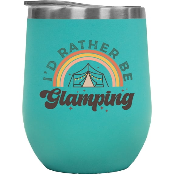 Retro I'd Rather Be Glamping with Rainbow & Tent Art Merch Gift, Mint 12oz Wine Tumbler