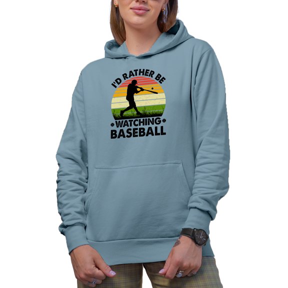 Retro I'd Rather Be Watching Baseball, Funny Sports Lover or Enthusiast Themed, Light Blue Hooded Sweatshirt or Hoodie, Medium