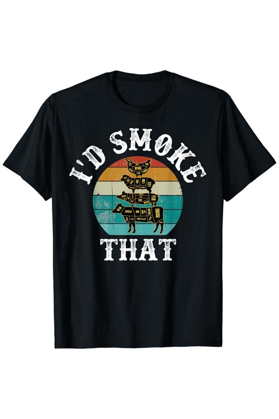 Retro I'd Smoke That BBQ Grilling T-Shirt Funny Pitmaster Meat Smoker Graphic Tee Vintage Sunset Butcher Cuts Design for Men Women