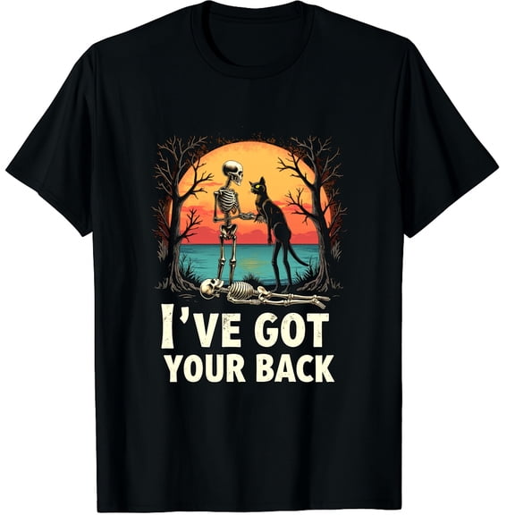 Retro I've Got Your Back Funny Halloween Skeleton Costume Graphic Black T-Shirt for Men and Women