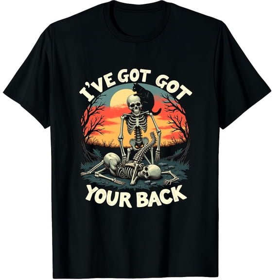 Retro I've Got Your Back Funny Halloween Skeleton Costume Graphic Black T-Shirt for Men and Women