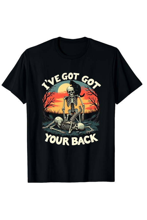 Retro I've Got Your Back Funny Halloween Skeleton Costume Graphic Black T-Shirt for Men and Women