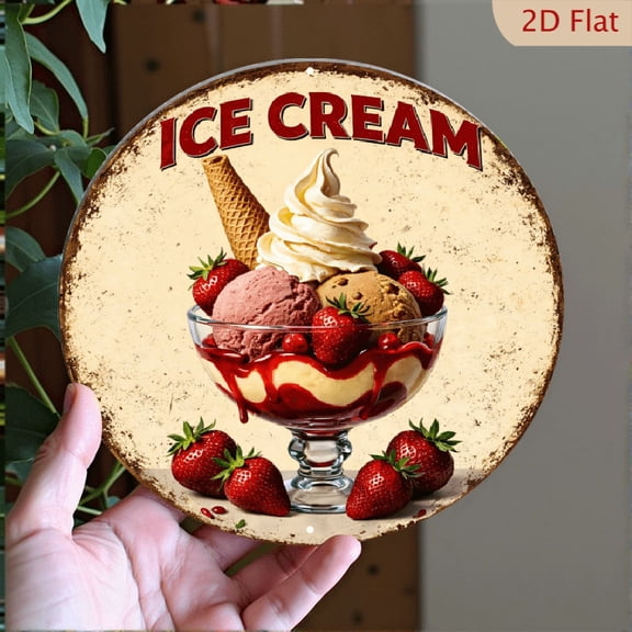 Retro Ice Cream Sundae Metal Wall Sign, 8x8 Inch Round Aluminum Wall Art Decor for Kitchen and Diner