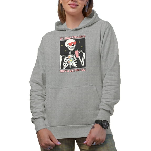 Retro If I Had Feelings They'd Be for You with Skeleton, Valentine's Day Gift, Heather Grey Hooded Sweatshirt or Hoodie, Small
