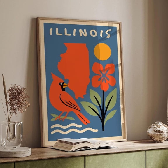 Retro Illinois State Art Cardinal Wildflower Map, Unframed Paper Poster 8x10in
