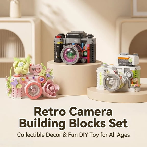 Retro Imitation Camera Mini Building Blocks Set, ABS Micro Bricks with Floral Decor Model, DIY Collectible Ornament Gift for Teens & Adults