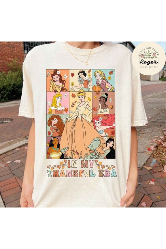 Retro In My Thankful Era Disney Princess Fall Vibes Pumpkin Spice Thanksgiving T-Shirt All Size S-5XL